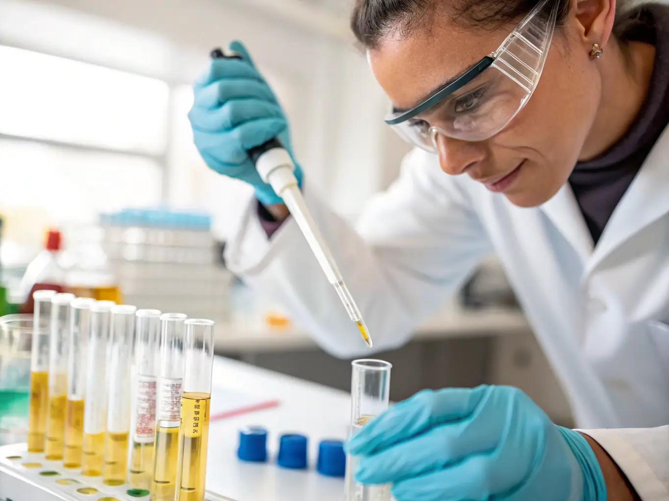 A high-quality photograph of a diesel fuel sample being tested in a laboratory, showcasing the quality control measures CrozEnergy employs.