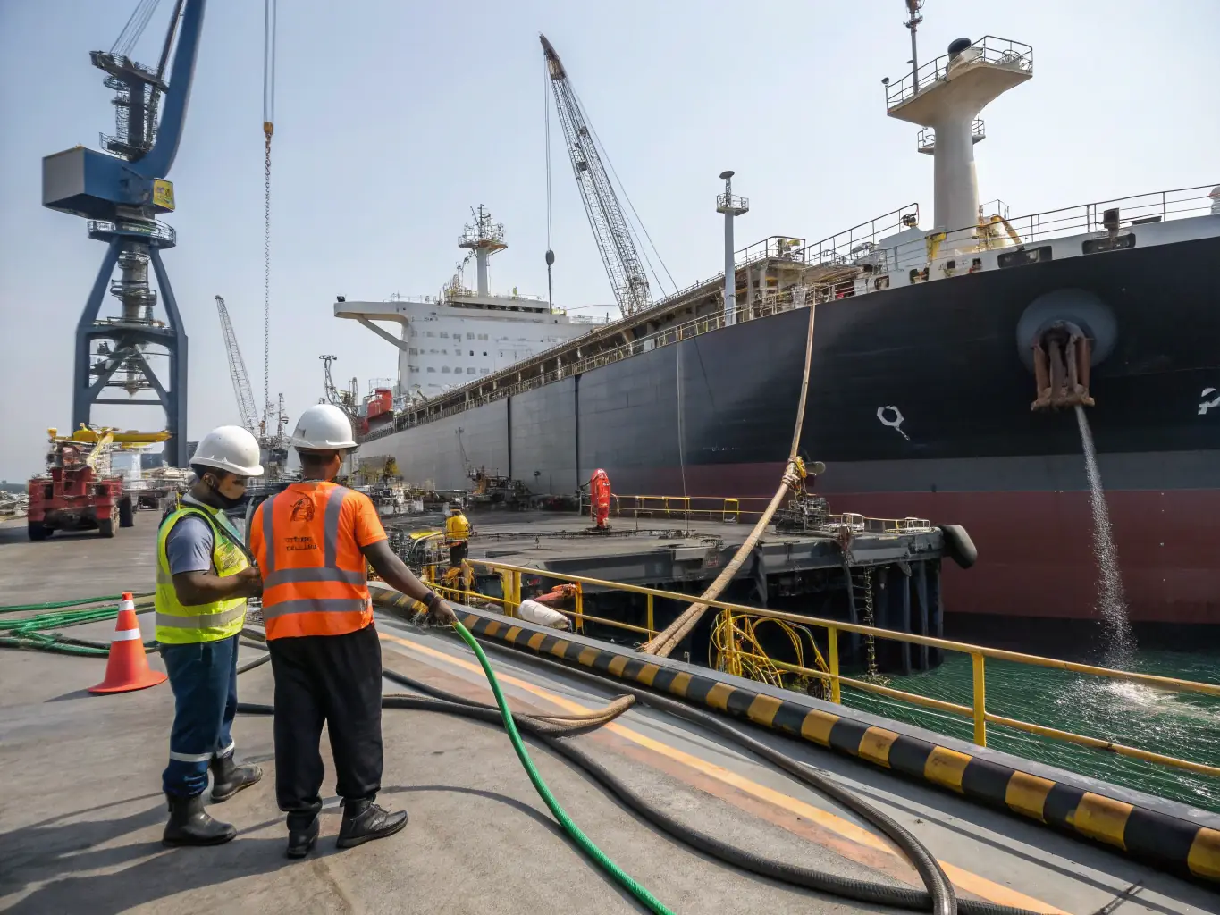 A detailed shot of fuel oil being loaded onto a cargo ship, highlighting the logistics involved in its distribution.